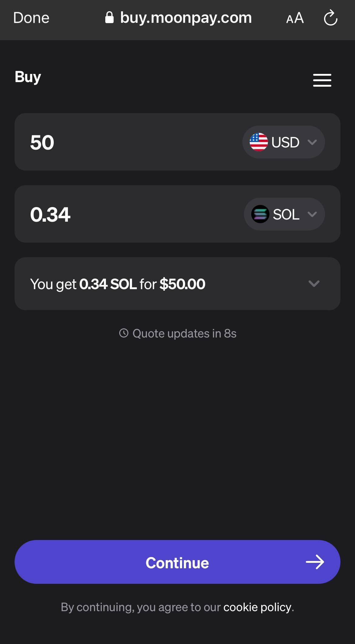 A screenshot to buy SOL using MoonPay in Phantom